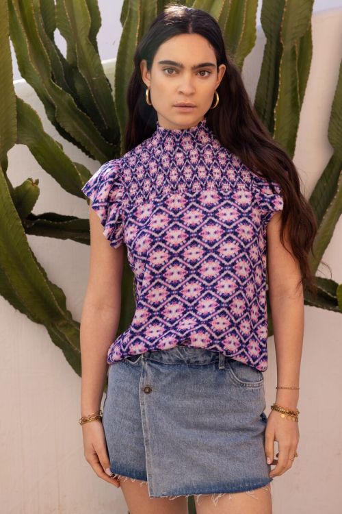 Blue smock top with pink print | My Jewellery