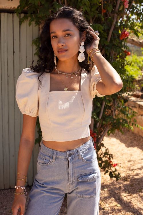 Beige linen look top with puff sleeves  | My Jewellery