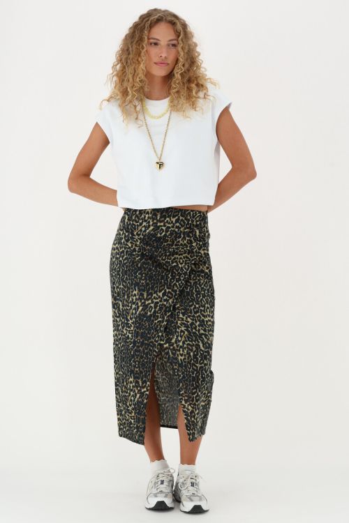 Leopard print linen look midi skirt with slit | My Jewellery