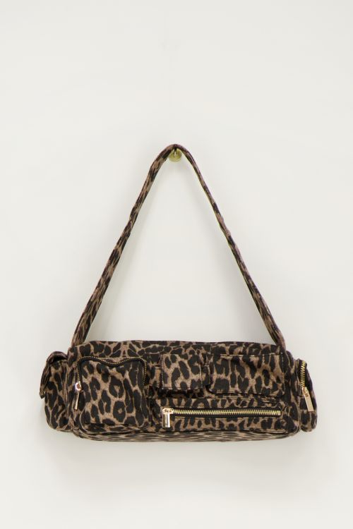 Leopard print shoulder bag with compartments and zippers