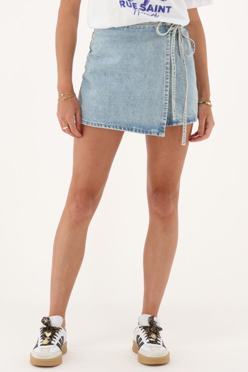 Light blue denim skort with overlap & bow detail | My Jewellery