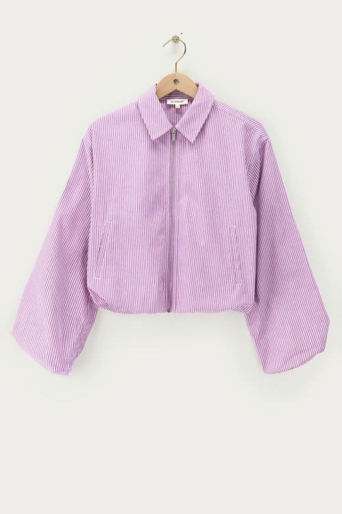 Lila gestreepte denim bomber met kraag