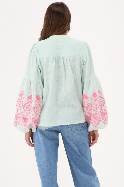 Mint green embroidery blouse with V-neck & puff sleeves | My Jewellery