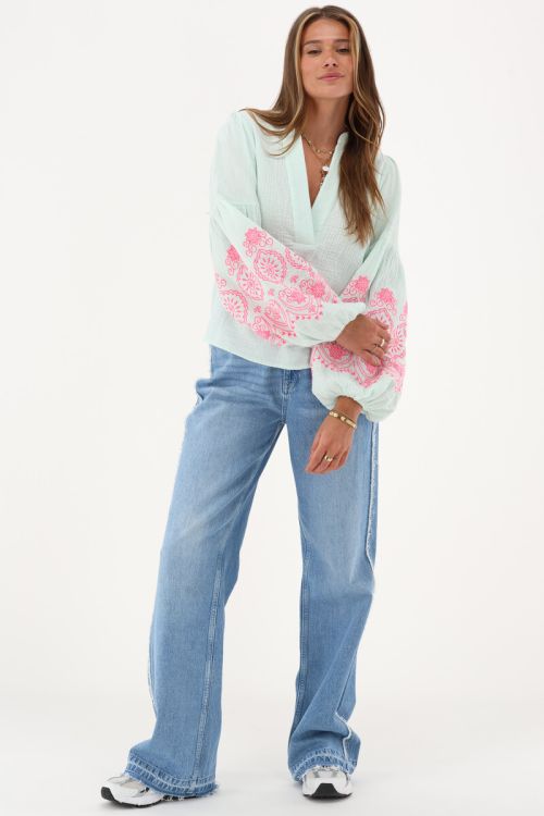 Mint green embroidery blouse with V-neck & puff sleeves | My Jewellery