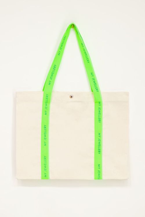 Beige canvas shopper met neon groen hengsel | My Jewellery