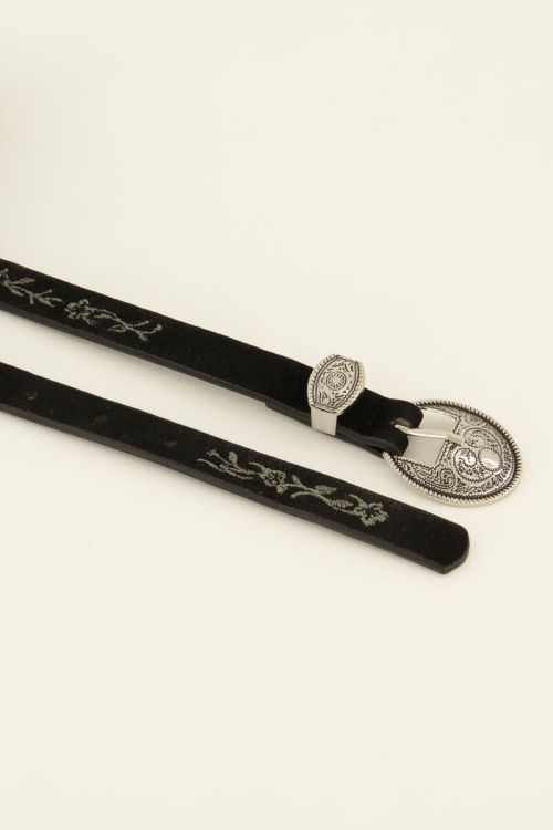 Black embroidered belt with silver buckle | My Jewellery