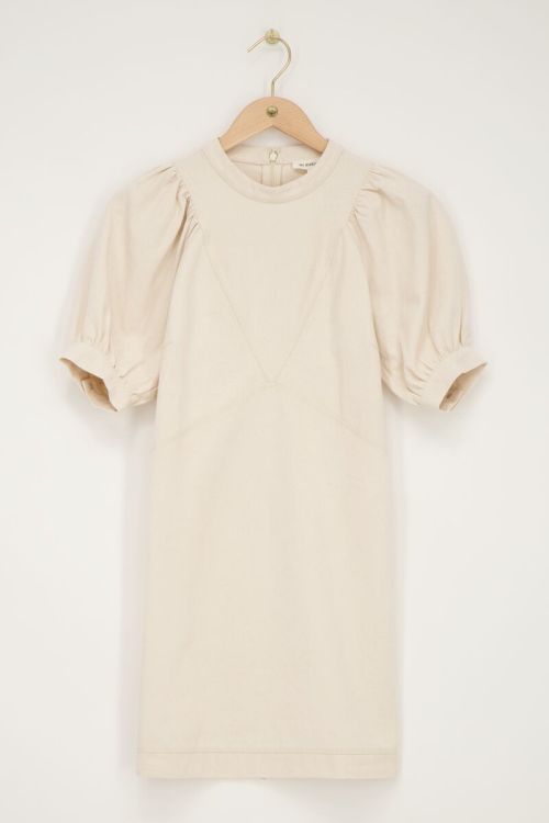 Beige dress with puff sleeves and linen look | My Jewellery