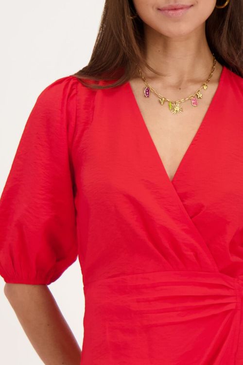 Red wrap dress with short puff-sleeves | My Jewellery