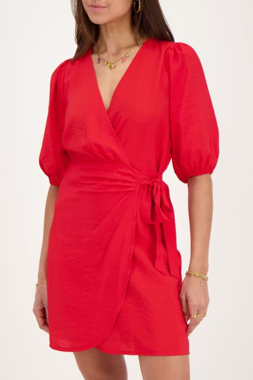 Red wrap dress with short puff-sleeves | My Jewellery