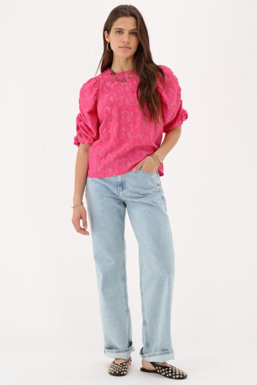Pink jacquard top with puff sleeves and bows | My Jewellery