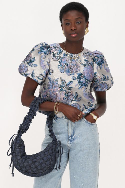 Multicolor jacquard top with puff sleeves | My Jewellery