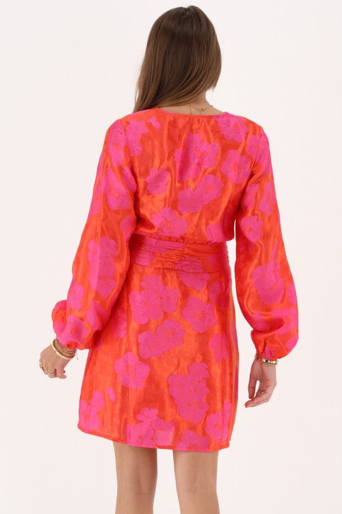 Orange jacquard wrap dress with pink flowers | My Jewellery