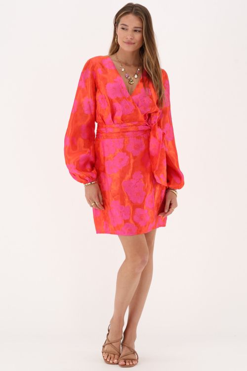 Orange jacquard wrap dress with pink flowers | My Jewellery