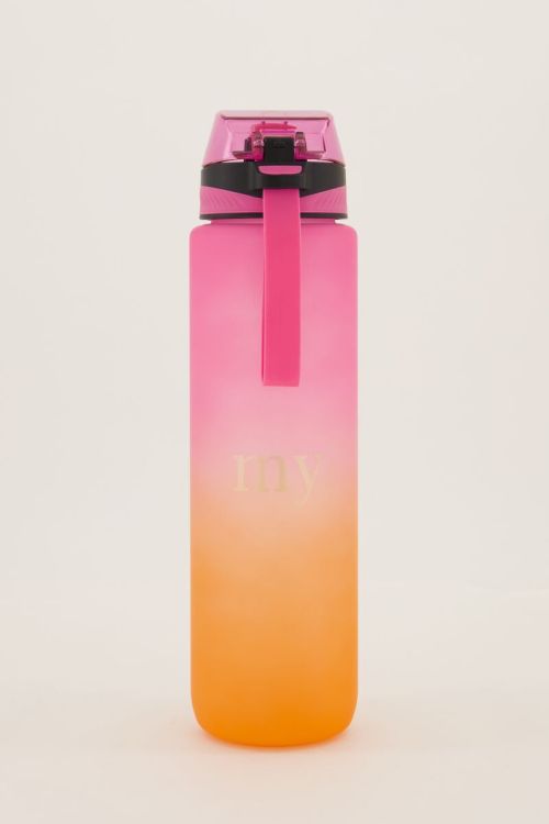 pink and orange water bottle with straw