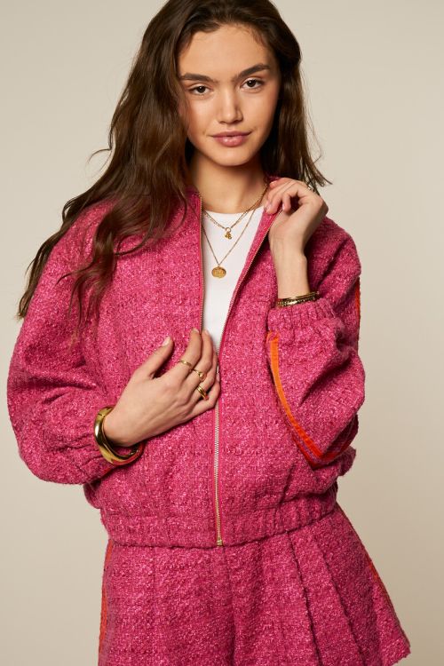 Pink bouclé bomber with tapes | My Jewellery