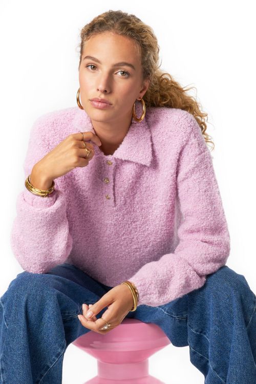Pink long-sleeved bouclé polo shirt | My Jewellery