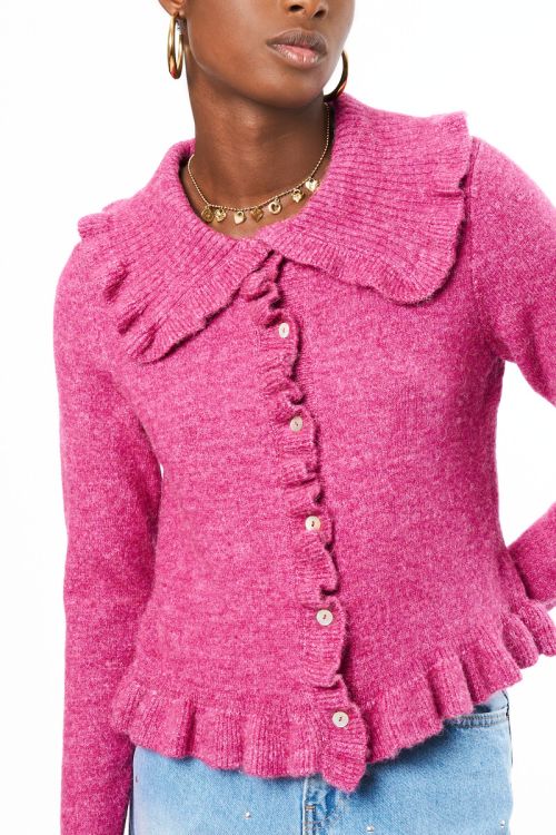 Pink cardigan with ruffle collar | My Jewellery