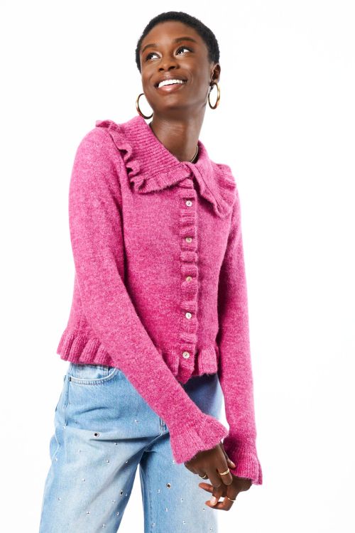 Pink cardigan with ruffle collar | My Jewellery