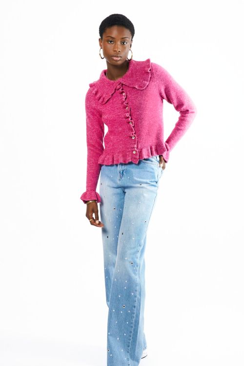 Pink cardigan with ruffle collar | My Jewellery
