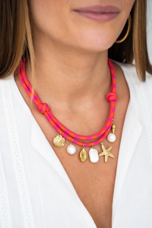 Pink rope necklace with shell charms  | My Jewellery