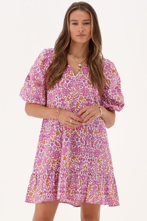 Pink dress with puff sleeves and ikat floral print