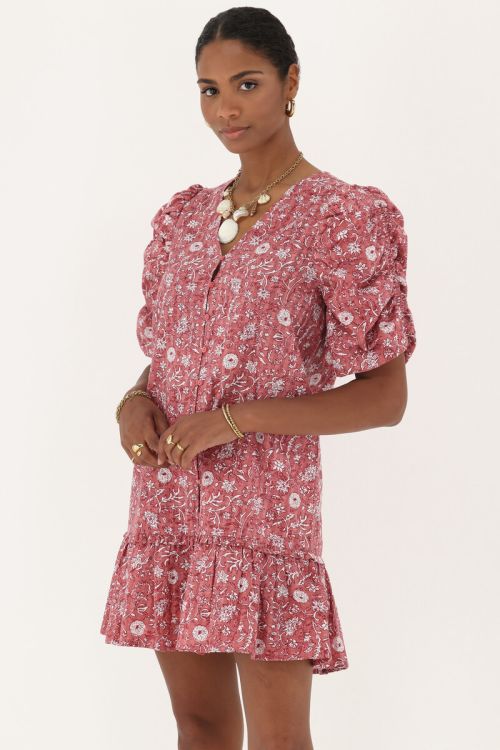 Pink dress with ruffles & floral print | My Jewellery