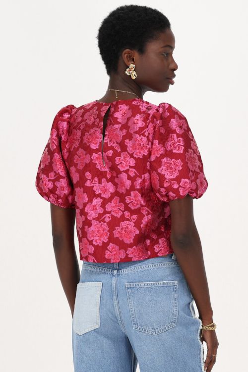 Pink floral jacquard top with puff sleeves | My Jewellery