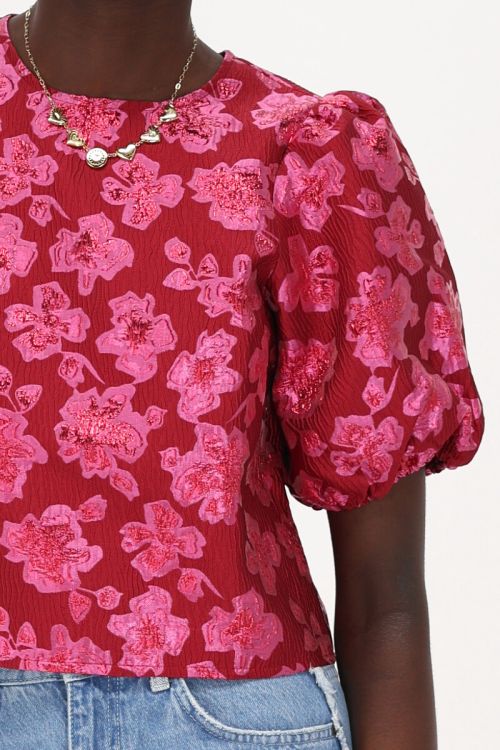 Pink floral jacquard top with puff sleeves | My Jewellery