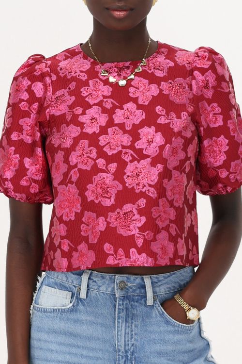 Pink floral jacquard top with puff sleeves | My Jewellery
