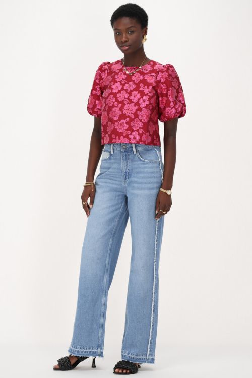 Pink floral jacquard top with puff sleeves | My Jewellery