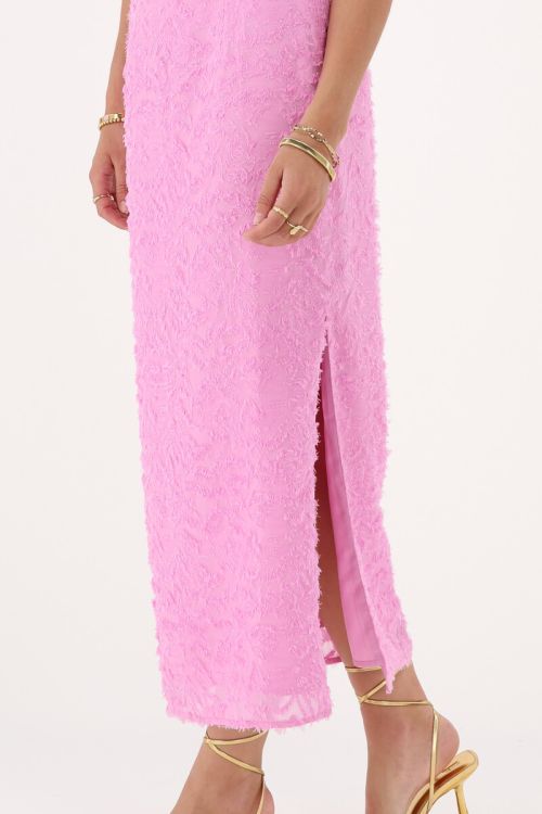 Pink jacquard dress with feathers | My Jewellery