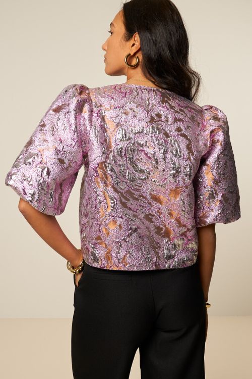 Pink jacquard top with short puff sleeves | My Jewellery