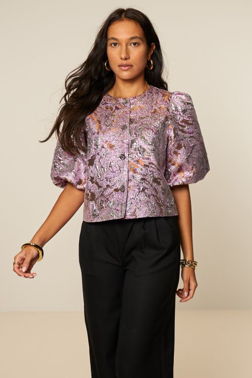 Pink jacquard top with short puff sleeves | My Jewellery
