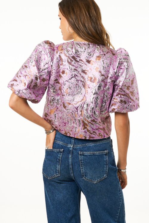 Pink jacquard top with short puff sleeves | My Jewellery