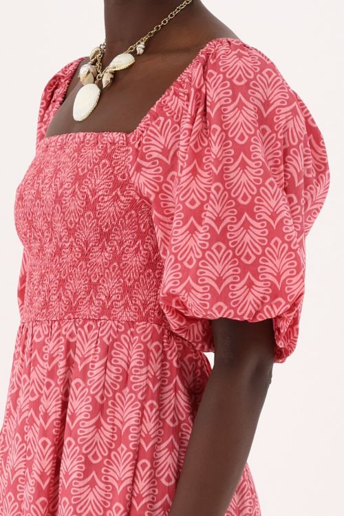 Pink maxi dress with print & puff sleeves | My Jewellery