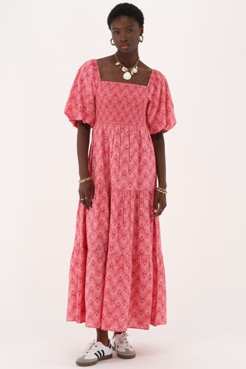 Pink maxi dress with print & puff sleeves | My Jewellery