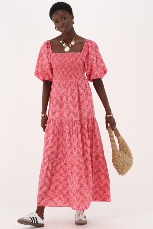 Pink maxi dress with print & puff sleeves | My Jewellery