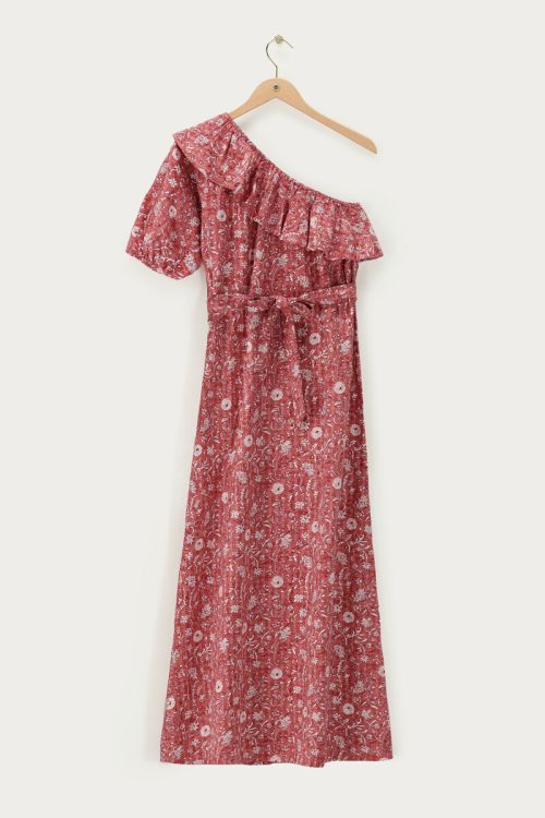 Pinkes One-Shoulder-Maxikleid mit Blumenmuster 