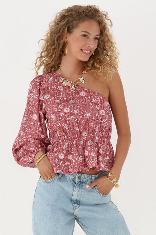 Pink one-shoulder top with peplum & floral print | My Jewellery