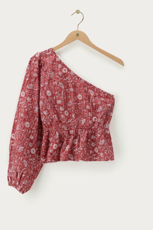 Pinkes One-Shoulder-Oberteil mit Schößchen und Blumenmuster