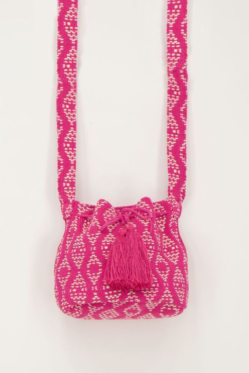 Pink round shoulder bag with woven Aztec print | My Jewellery