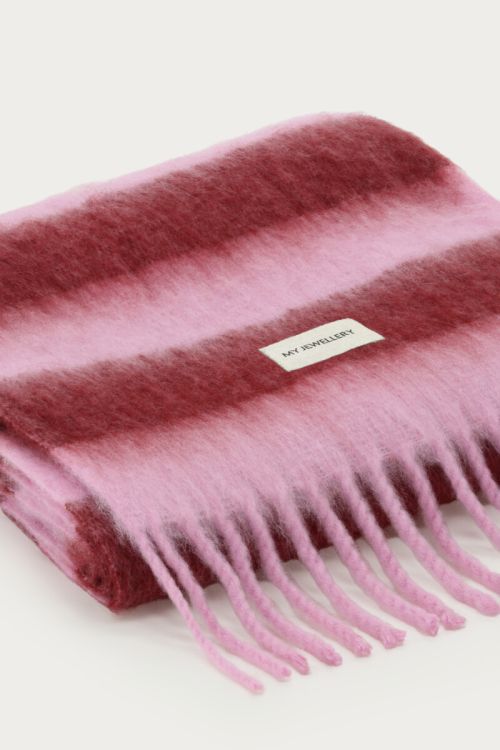 Pink scarf with burgundy stripes and fringe | My Jewellery