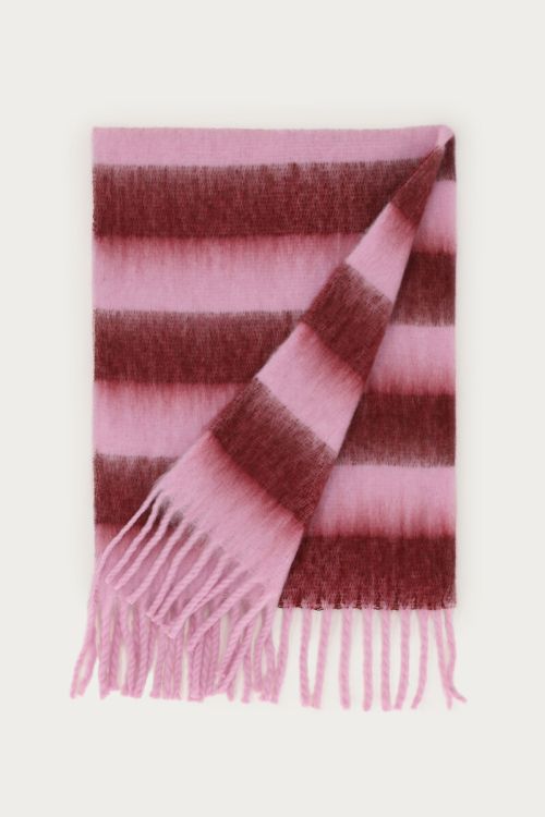 Pink scarf with burgundy stripes and fringe