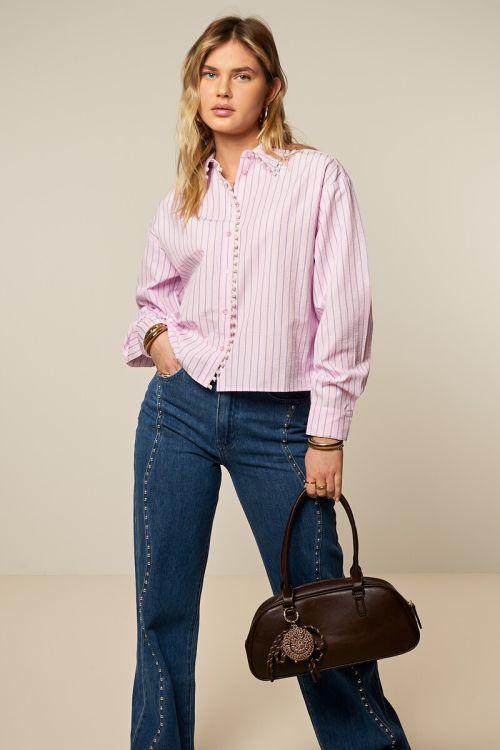Pink striped blouse with faux pearls | My Jewellery