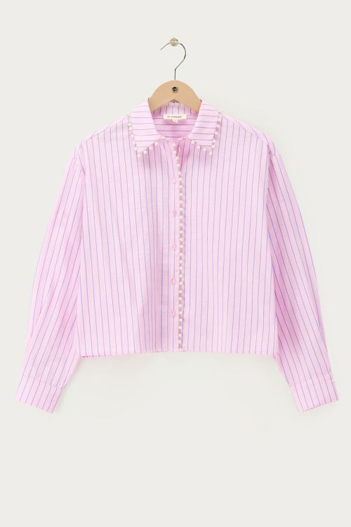 Pink striped blouse with faux pearls | My Jewellery
