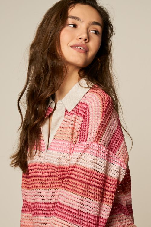 Pink long sleeve striped polo shirt | My Jewellery