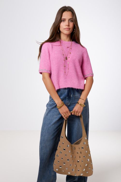 Pink short sleeve sweater with rhinestones | My Jewellery