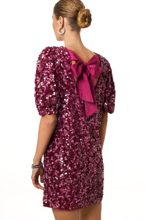 Purple dress with puff sleeves and sequins | My Jewellery