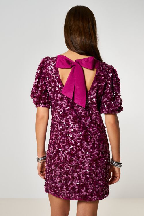 Purple dress with puff sleeves and sequins | My Jewellery