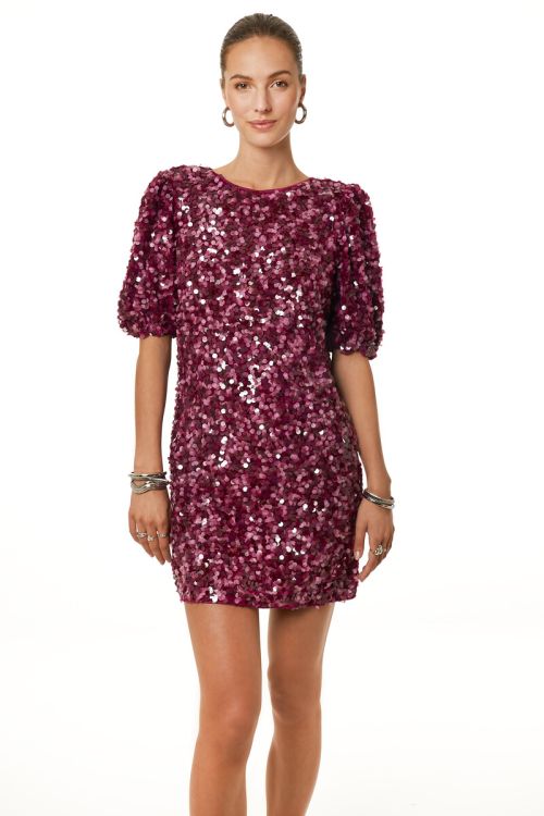 Purple dress with puff sleeves and sequins | My Jewellery